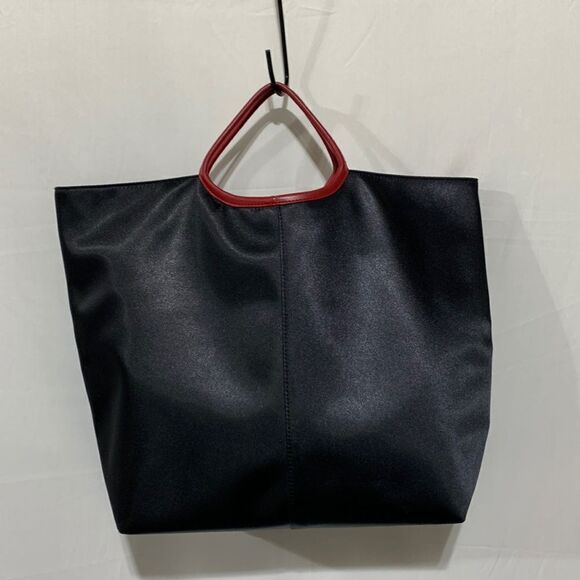 REVERSIBLE tote bag hanbag black/stripes faux leather handle looks like satin - Picture 2 of 10